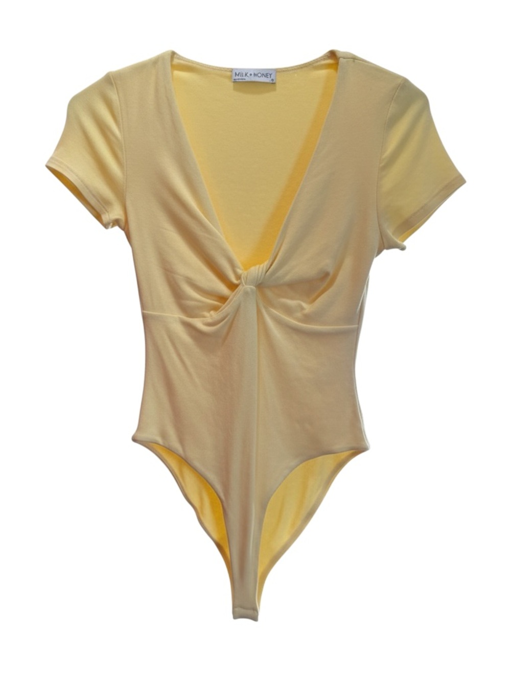 Milk & Honey Pale Yellow Knot-Front Short Sleeve Bodysuit